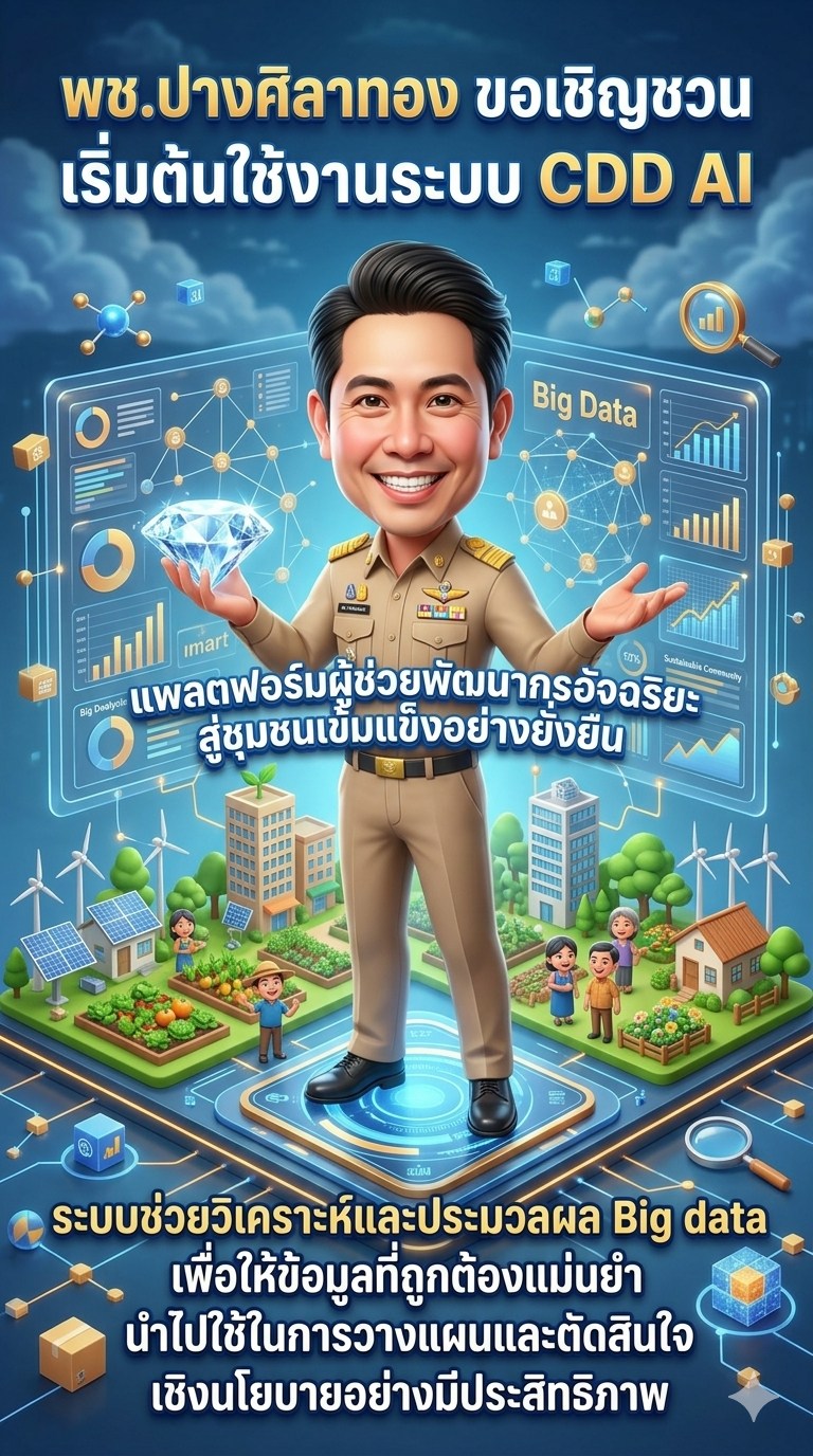 พช.ปางศิลาทอง ขอเชิญชวน เริ่มต้นใช้งานระบบ CDD AI แพลตฟอร์มผู้ช่วยพัฒนากรอัจฉริยะ สู่ชุมชนเข้มแข็งอย่างยั่งยืน